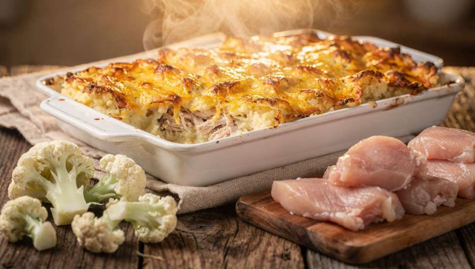 Escondidinho proteico de frango com purê de couve-flor