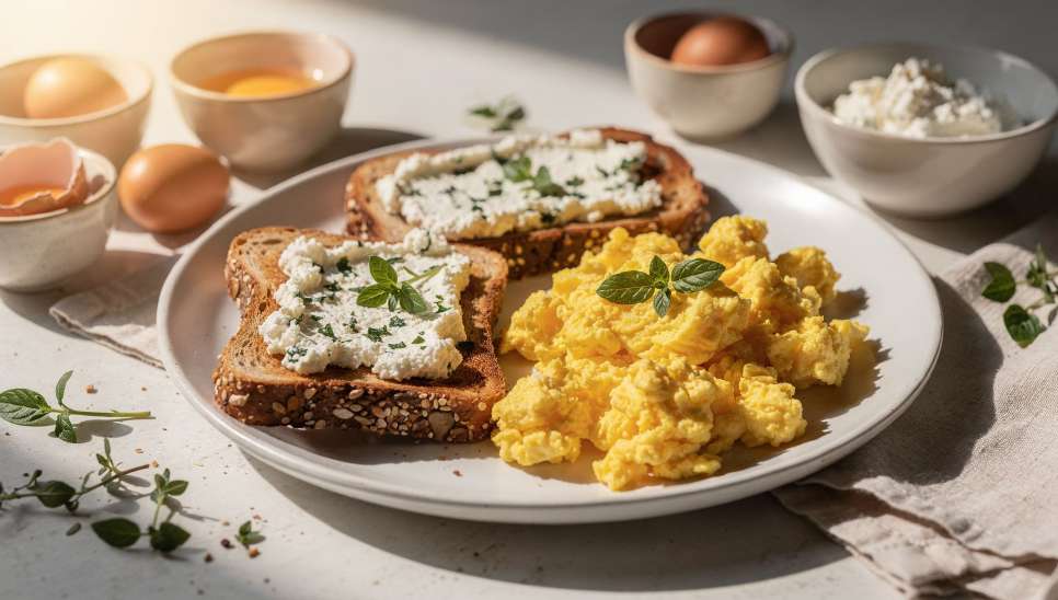 Toast de ricota temperada com ovo mexido cremoso